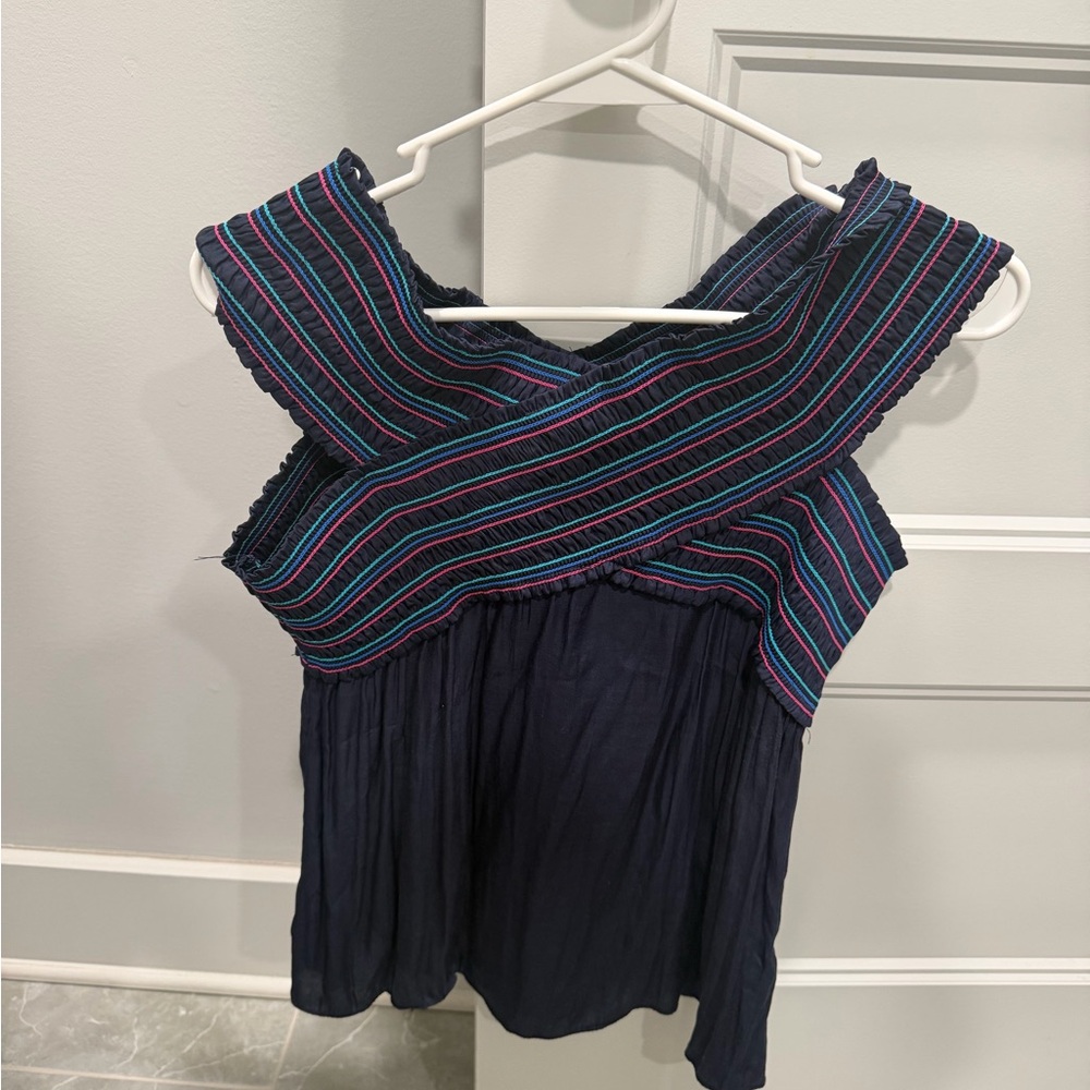 Navy & multi-stripe off shoulder top